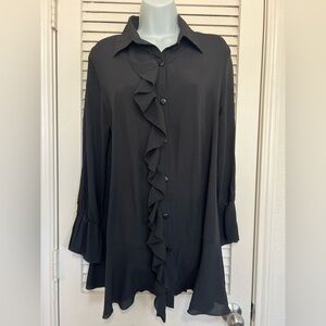 Zadie B’s Lightweight Ruffle Button-Down Tunic  Size S Black Made in USA